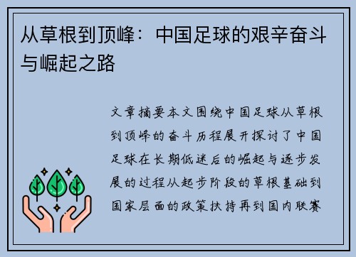 从草根到顶峰：中国足球的艰辛奋斗与崛起之路
